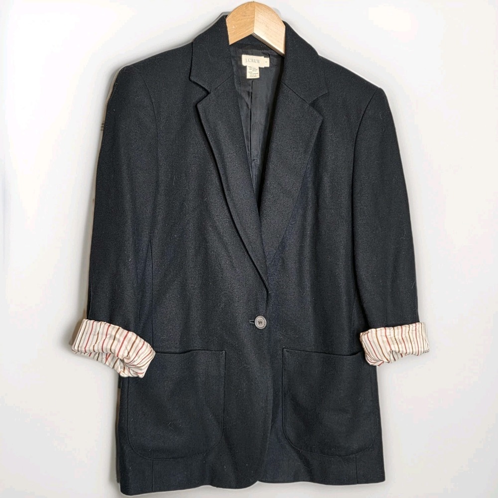 J.Crew black wool blend single-breasted one-button Preppy blazer striped Sz‎ 6